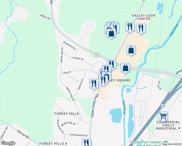map of restaurants, bars, coffee shops, grocery stores, and more near 2721 Ash Drive in Springfield