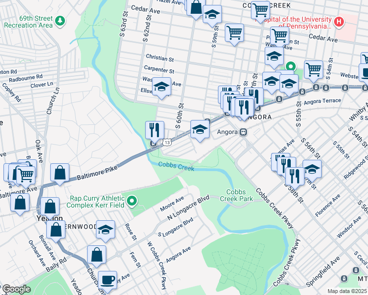 map of restaurants, bars, coffee shops, grocery stores, and more near 6026 Cedarhurst Street in Philadelphia