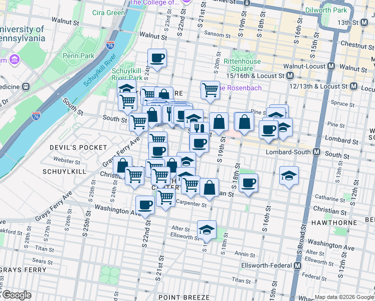 map of restaurants, bars, coffee shops, grocery stores, and more near 2054 Pemberton Street in Philadelphia