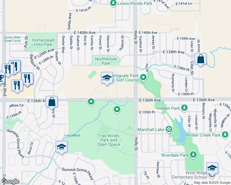 map of restaurants, bars, coffee shops, grocery stores, and more near 5321 East 136th Avenue in Thornton