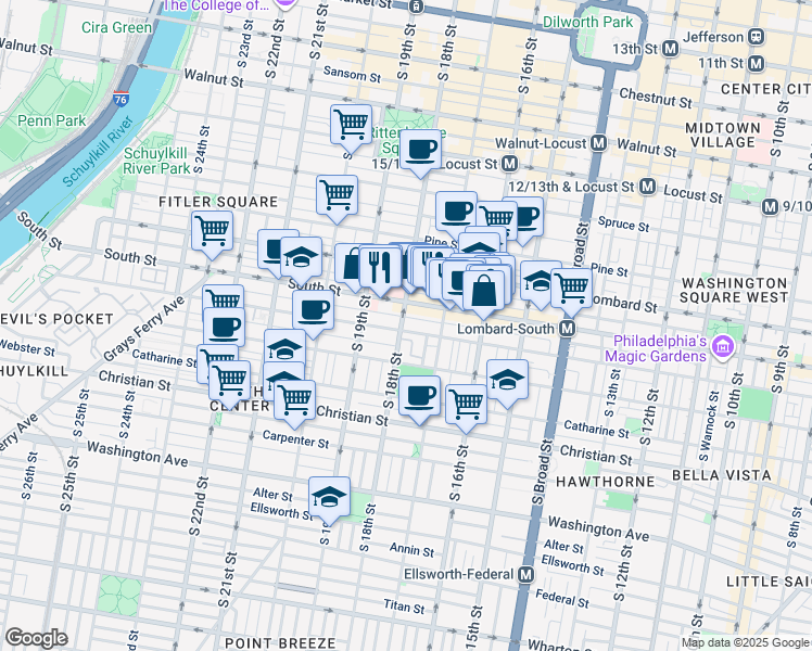 map of restaurants, bars, coffee shops, grocery stores, and more near 1745 Bainbridge Street in Philadelphia
