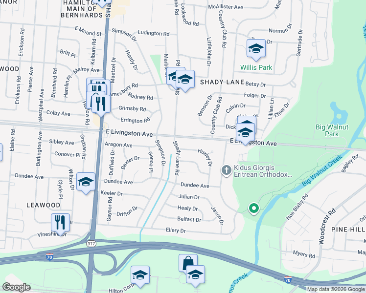map of restaurants, bars, coffee shops, grocery stores, and more near 1562 Huxley Drive in Columbus