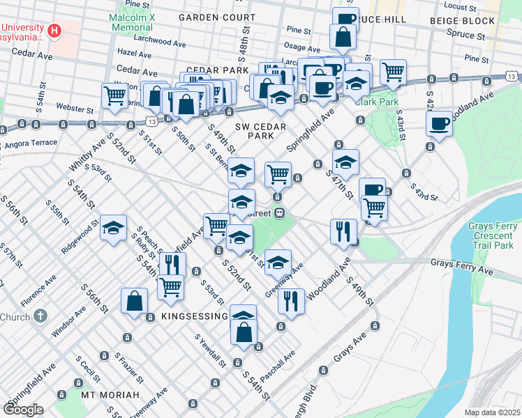 map of restaurants, bars, coffee shops, grocery stores, and more near 4921 South Saint Bernard Street in Philadelphia