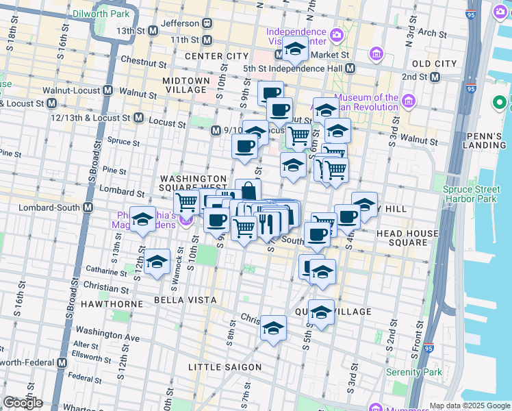 map of restaurants, bars, coffee shops, grocery stores, and more near 419 South 8th Street in Philadelphia