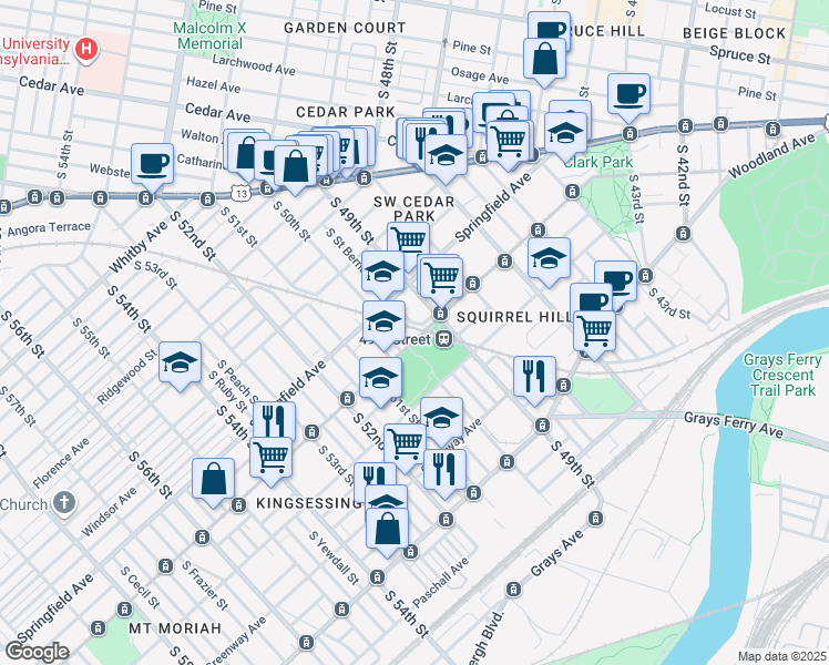 map of restaurants, bars, coffee shops, grocery stores, and more near 4921 South Saint Bernard Street in Philadelphia