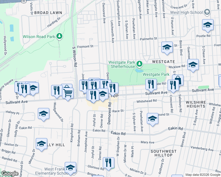 map of restaurants, bars, coffee shops, grocery stores, and more near 3393 Parkside Road in Columbus
