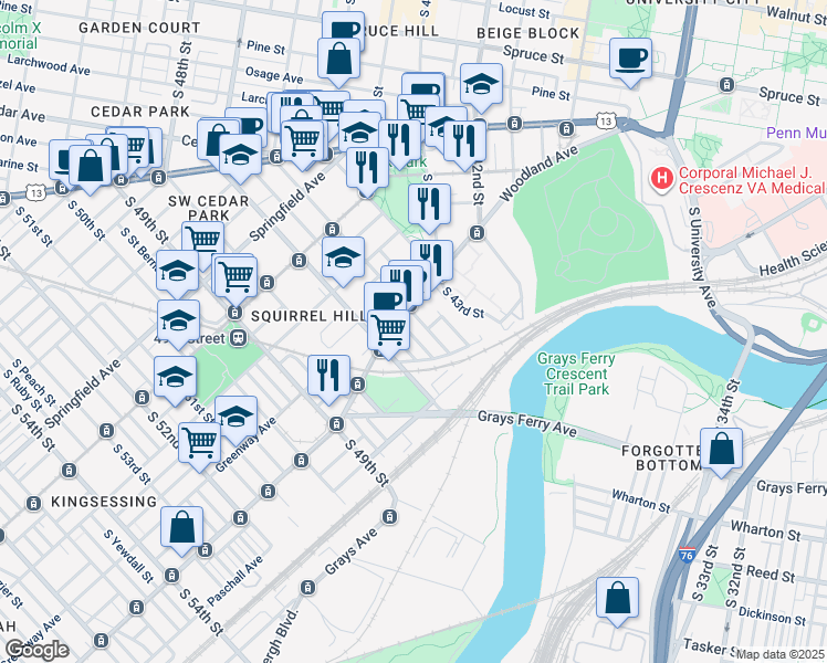 map of restaurants, bars, coffee shops, grocery stores, and more near 4620 Woodland Avenue in Philadelphia