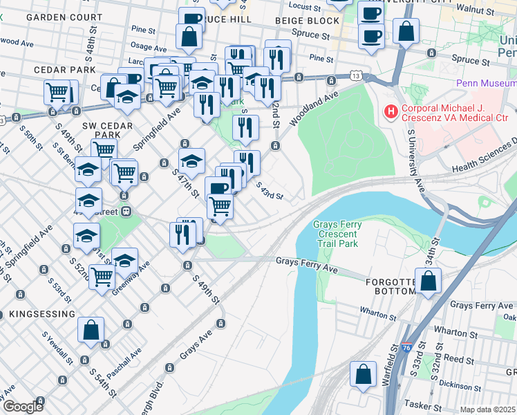 map of restaurants, bars, coffee shops, grocery stores, and more near 1350 South Melville Street in Philadelphia