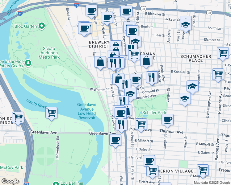 map of restaurants, bars, coffee shops, grocery stores, and more near 909 South Wall Street in Columbus