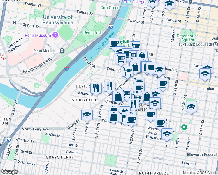 map of restaurants, bars, coffee shops, grocery stores, and more near Academy Circle in Philadelphia