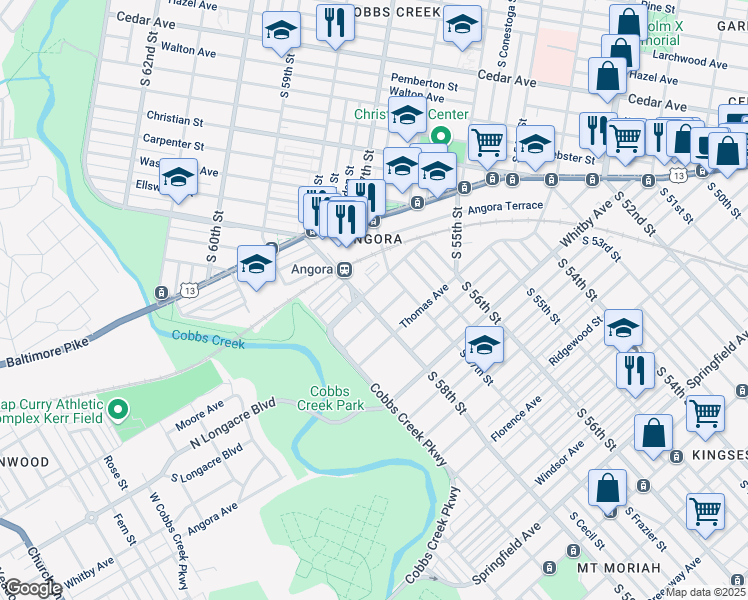 map of restaurants, bars, coffee shops, grocery stores, and more near 1209 South 58th Street in Philadelphia