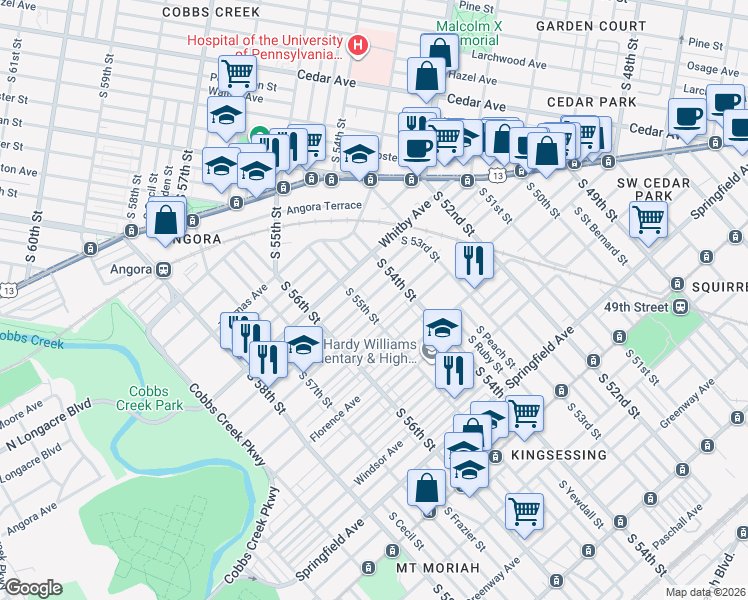 map of restaurants, bars, coffee shops, grocery stores, and more near 5435 Willows Avenue in Philadelphia