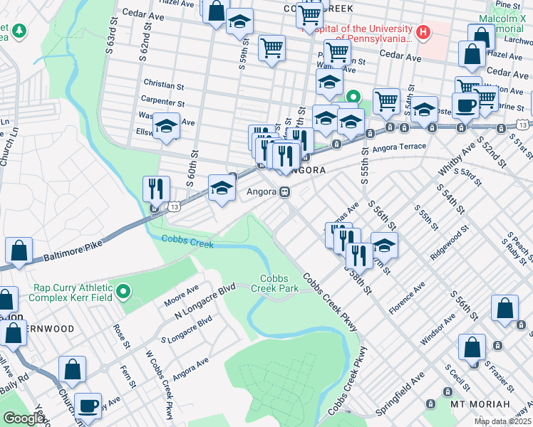 map of restaurants, bars, coffee shops, grocery stores, and more near 5841 Fernwood Street in Philadelphia