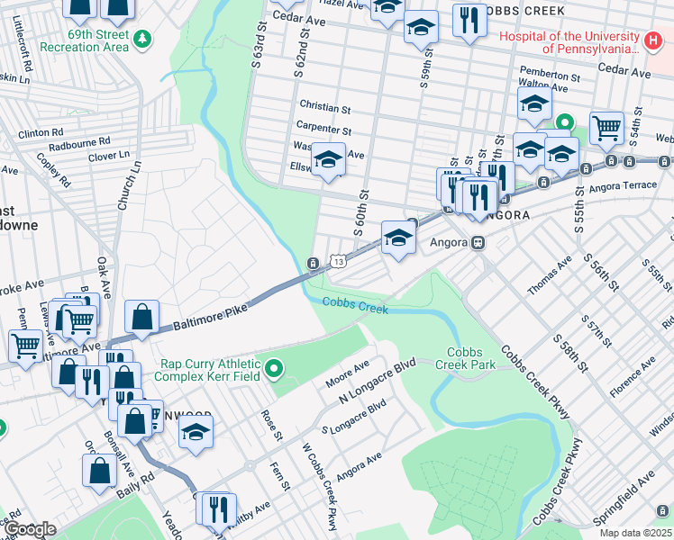 map of restaurants, bars, coffee shops, grocery stores, and more near Baltimore Avenue in Philadelphia