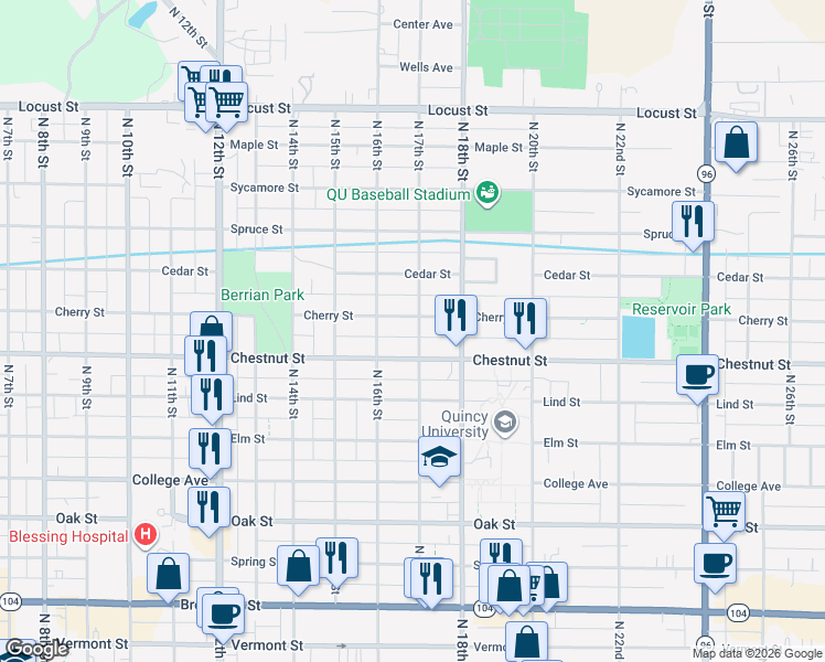 map of restaurants, bars, coffee shops, grocery stores, and more near 1017 North 17th Street in Quincy