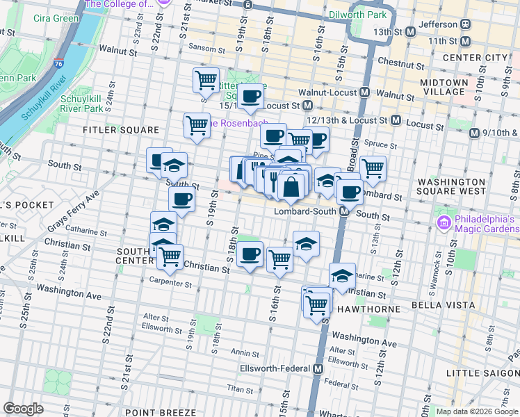 map of restaurants, bars, coffee shops, grocery stores, and more near 1700 1/2 Kater Street in Philadelphia