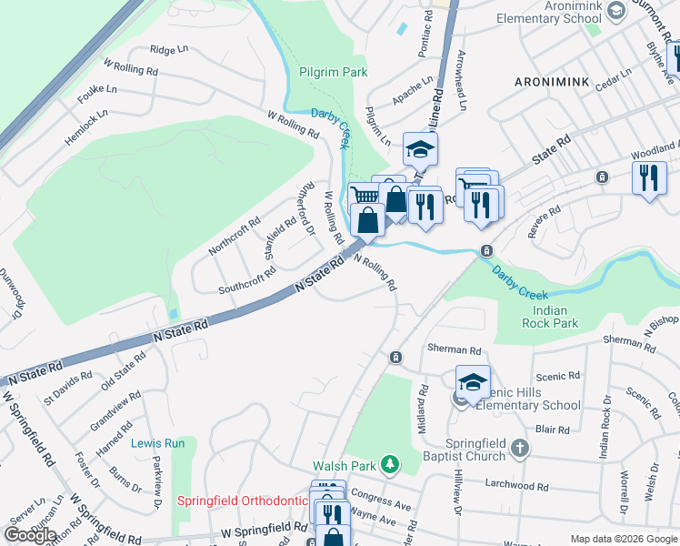 map of restaurants, bars, coffee shops, grocery stores, and more near 465 North State Road in Springfield