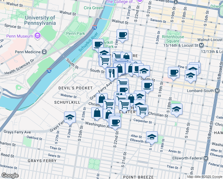map of restaurants, bars, coffee shops, grocery stores, and more near 2301 Fitzwater Street in Philadelphia