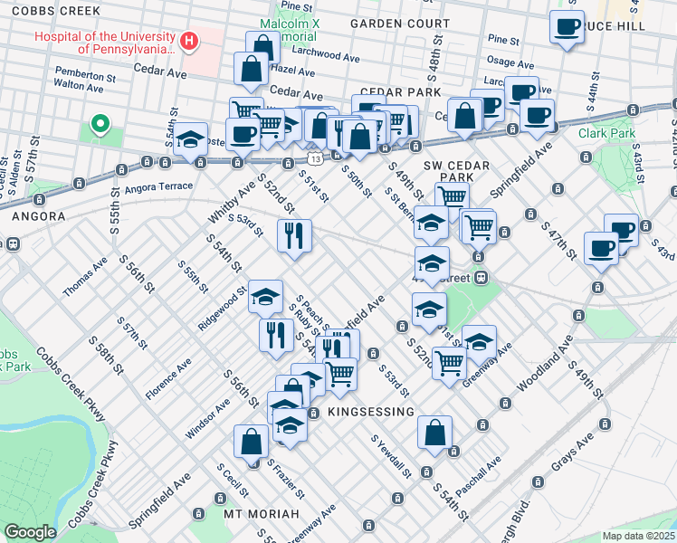 map of restaurants, bars, coffee shops, grocery stores, and more near 1032 South 52nd Street in Philadelphia