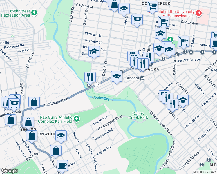 map of restaurants, bars, coffee shops, grocery stores, and more near 6018 Cedarhurst Street in Philadelphia