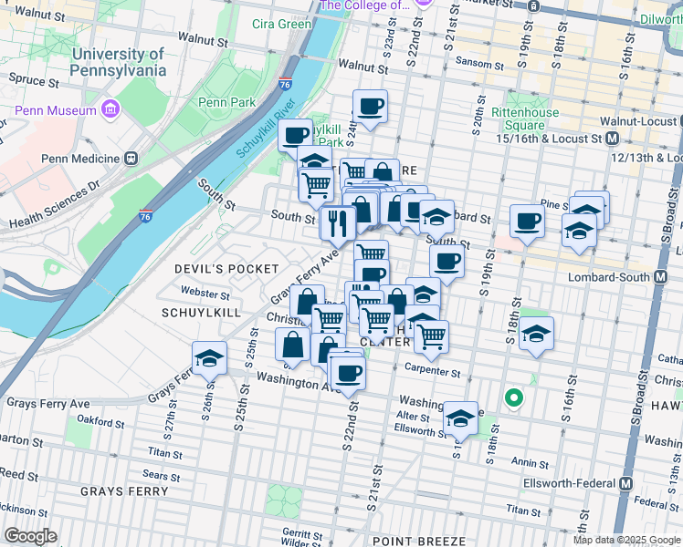 map of restaurants, bars, coffee shops, grocery stores, and more near 715 South 23rd Street in Philadelphia