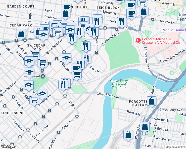 map of restaurants, bars, coffee shops, grocery stores, and more near 1341 South Melville Street in Philadelphia