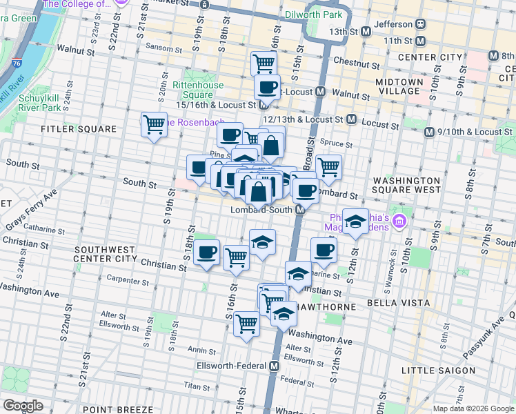 map of restaurants, bars, coffee shops, grocery stores, and more near 1535 South Street in Philadelphia
