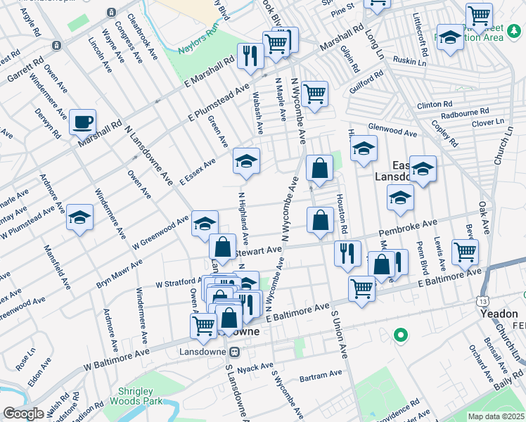 map of restaurants, bars, coffee shops, grocery stores, and more near 86 East Greenwood Avenue in Lansdowne