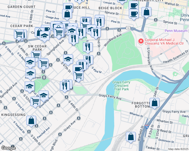 map of restaurants, bars, coffee shops, grocery stores, and more near 1341 South Melville Street in Philadelphia