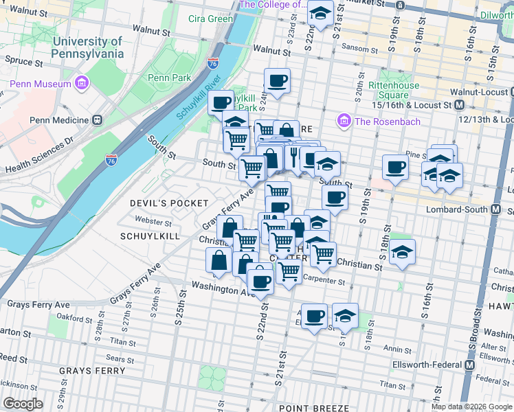 map of restaurants, bars, coffee shops, grocery stores, and more near 2230 Fitzwater Street in Philadelphia