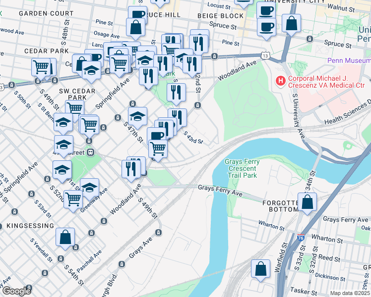 map of restaurants, bars, coffee shops, grocery stores, and more near 1348 South Melville Street in Philadelphia