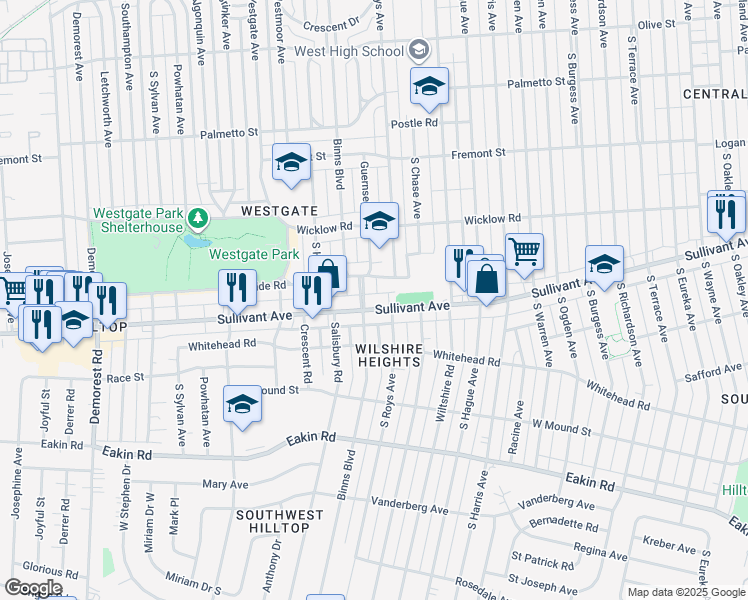 map of restaurants, bars, coffee shops, grocery stores, and more near 2958 Sullivant Avenue in Columbus