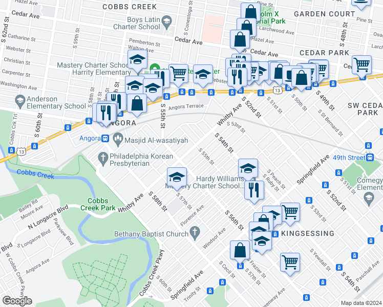 map of restaurants, bars, coffee shops, grocery stores, and more near 5520 Whitby Avenue in Philadelphia