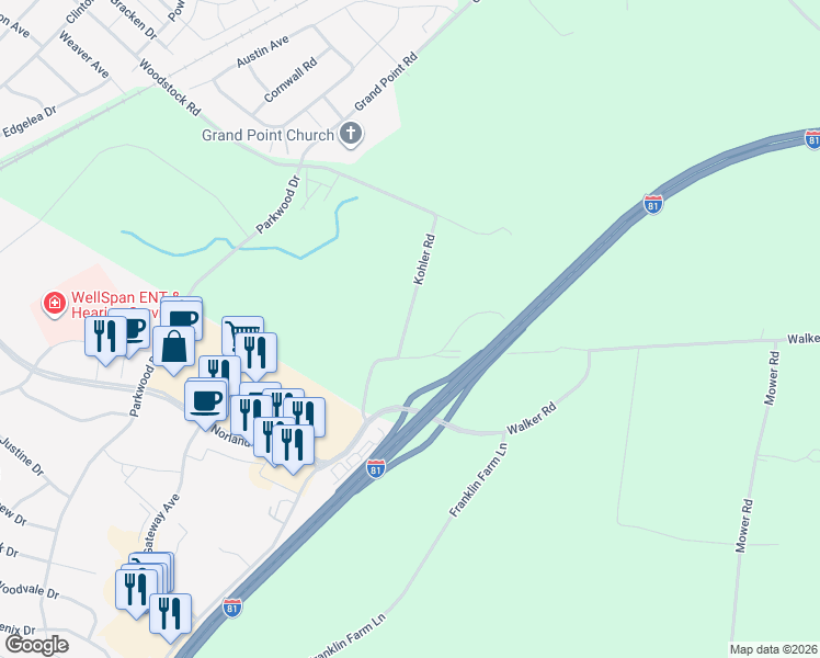 map of restaurants, bars, coffee shops, grocery stores, and more near 500-620 Kohler Road in Chambersburg