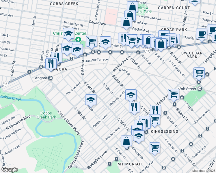 map of restaurants, bars, coffee shops, grocery stores, and more near 1031 South 55th Street in Philadelphia