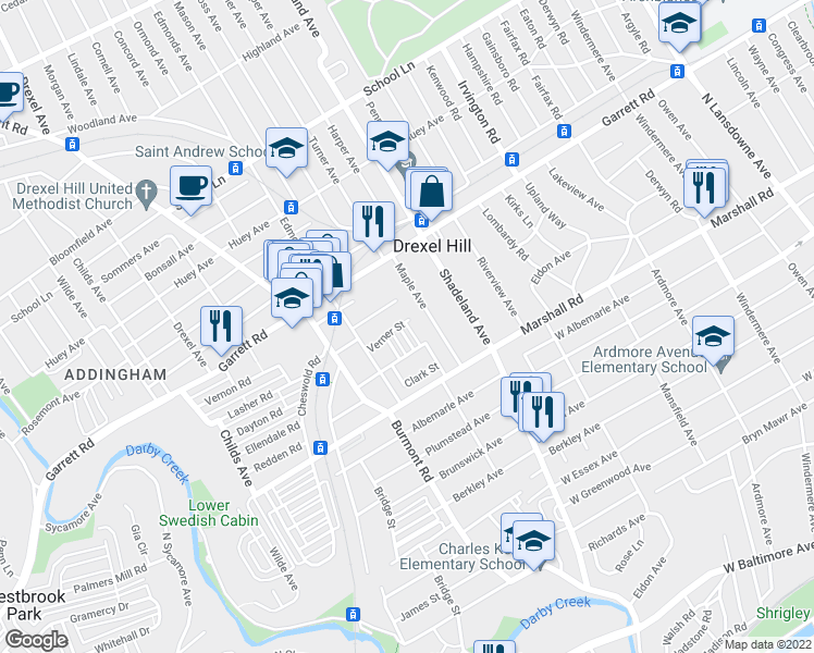 map of restaurants, bars, coffee shops, grocery stores, and more near 3407 Verner Street in Drexel Hill