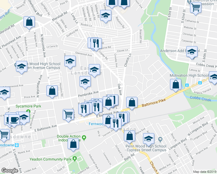 map of restaurants, bars, coffee shops, grocery stores, and more near 909 Pembroke Avenue in Lansdowne