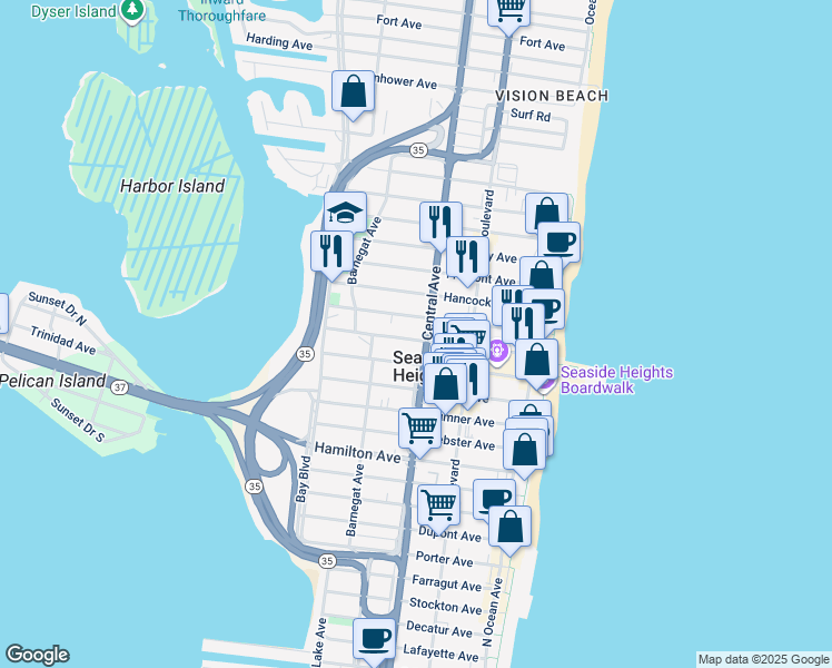map of restaurants, bars, coffee shops, grocery stores, and more near 210 Sherman Ave in Seaside Heights