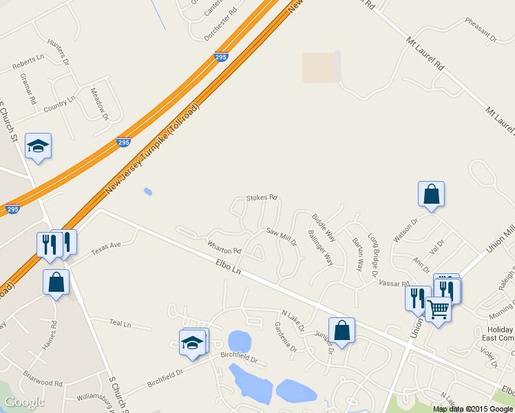map of restaurants, bars, coffee shops, grocery stores, and more near 27 Leighton Drive in Mount Laurel