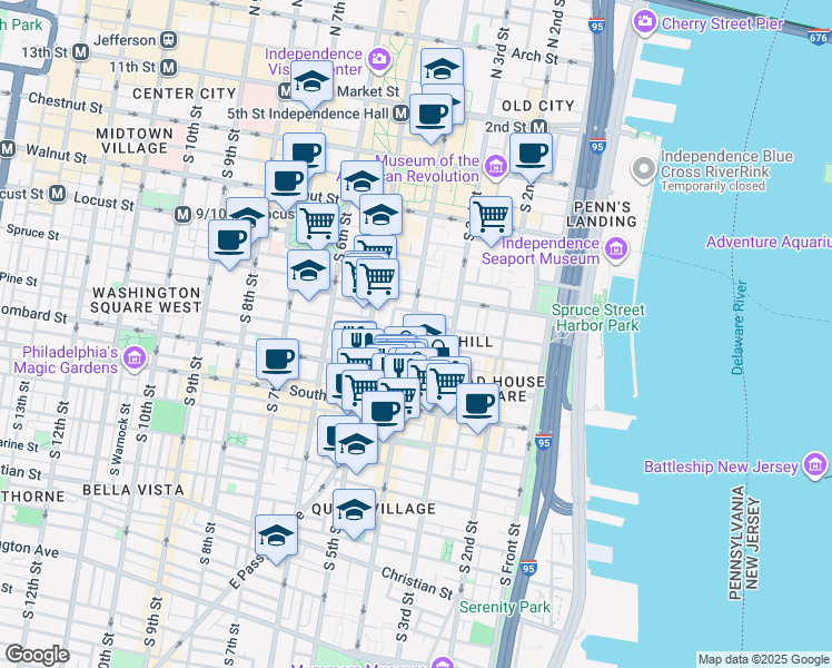 map of restaurants, bars, coffee shops, grocery stores, and more near in Philadelphia