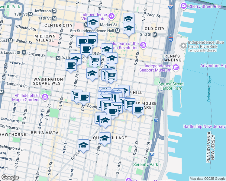 map of restaurants, bars, coffee shops, grocery stores, and more near in Philadelphia