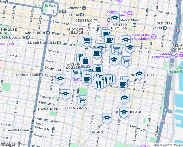 map of restaurants, bars, coffee shops, grocery stores, and more near 816 Lombard Street in Philadelphia