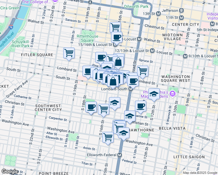 map of restaurants, bars, coffee shops, grocery stores, and more near 1520-36 South Street in Philadelphia