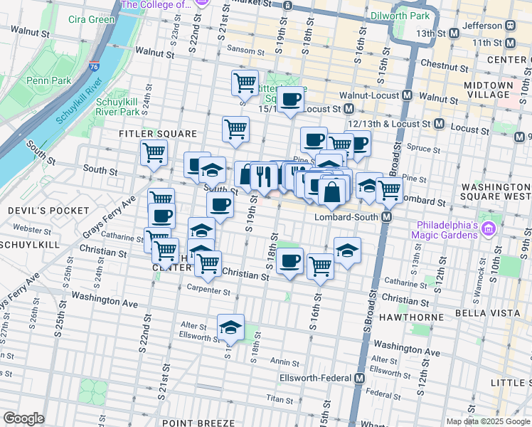 map of restaurants, bars, coffee shops, grocery stores, and more near in Philadelphia