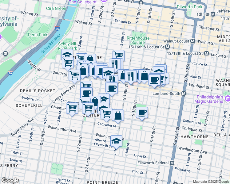 map of restaurants, bars, coffee shops, grocery stores, and more near 2004 Pemberton Street in Philadelphia