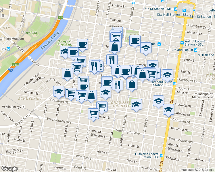 map of restaurants, bars, coffee shops, grocery stores, and more near 2004 Pemberton Street in Philadelphia