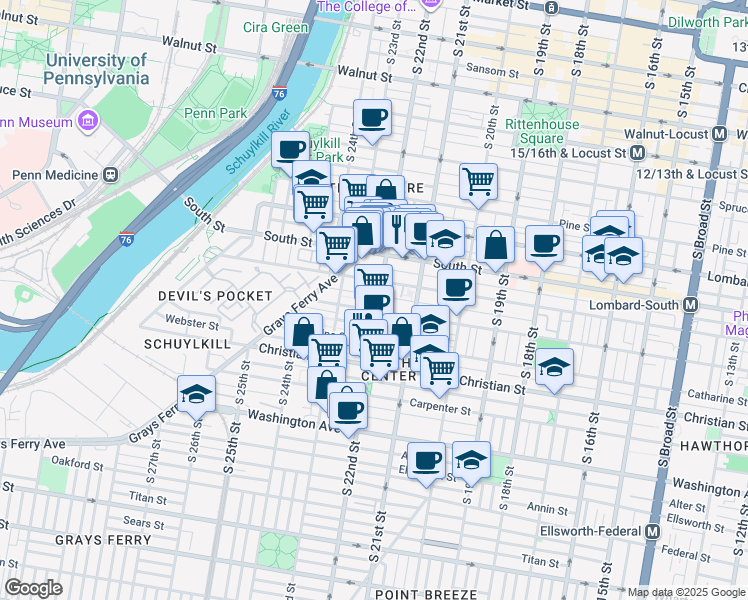 map of restaurants, bars, coffee shops, grocery stores, and more near 2131 Fitzwater Street in Philadelphia