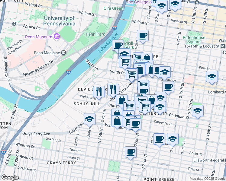map of restaurants, bars, coffee shops, grocery stores, and more near in Philadelphia