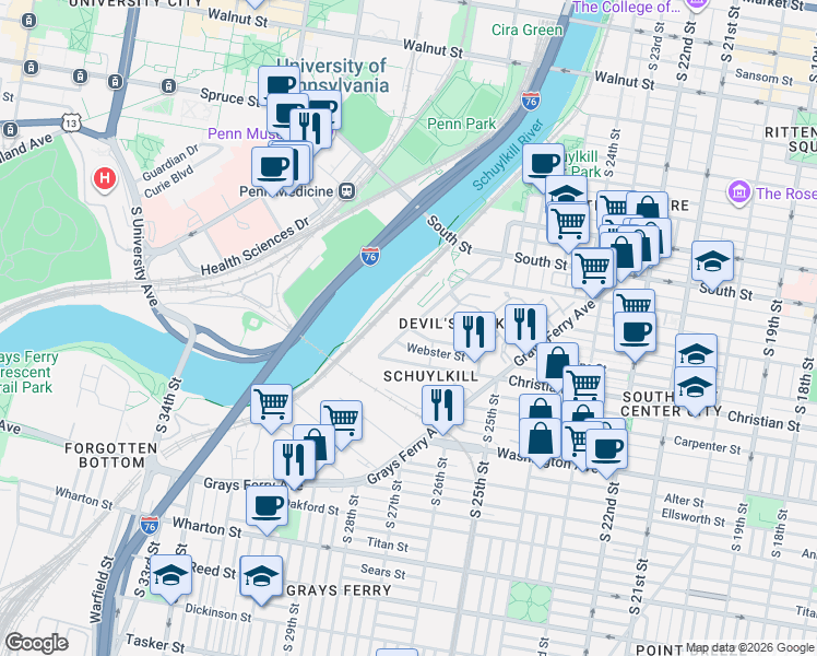 map of restaurants, bars, coffee shops, grocery stores, and more near 801 Schuylkill Avenue in Philadelphia