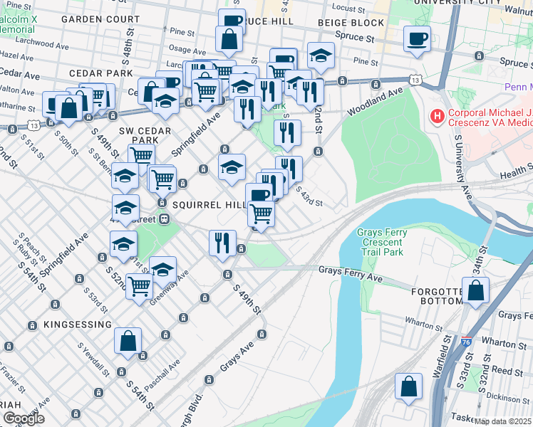 map of restaurants, bars, coffee shops, grocery stores, and more near 4620 Woodland Avenue in Philadelphia
